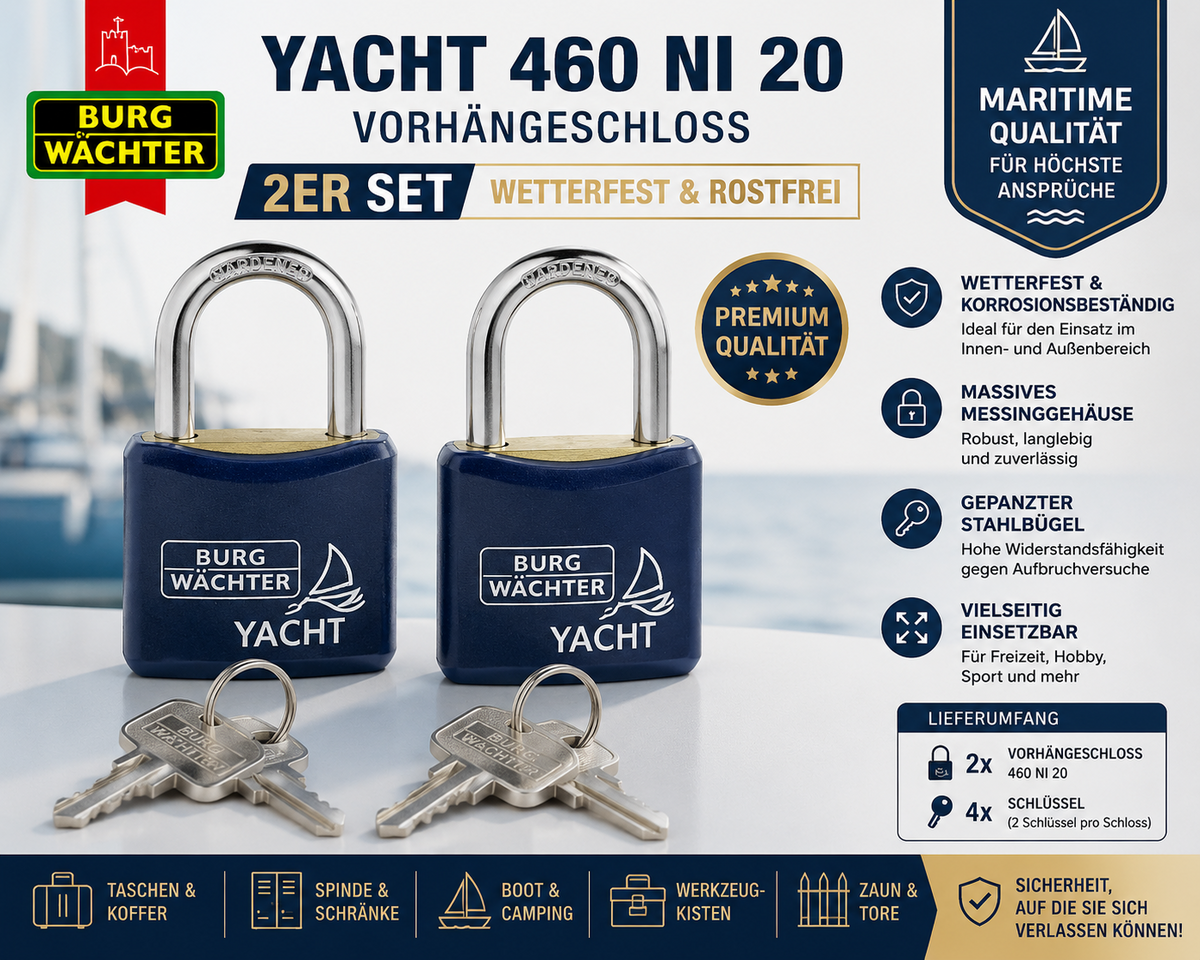 2 X BURG-WÄCHTER Yacht 460 20 Vorhängeschloss Wetterfest Messing Kunststoff 22mm
