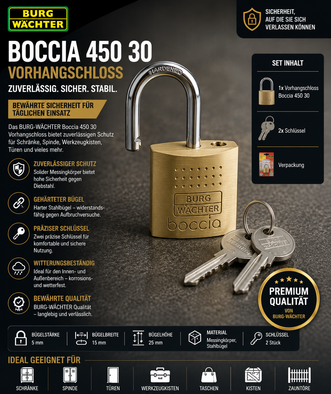 BURG-WÄCHTER Boccia 450 30 Vorhängeschloss Messing Schloss Stabil Sicher