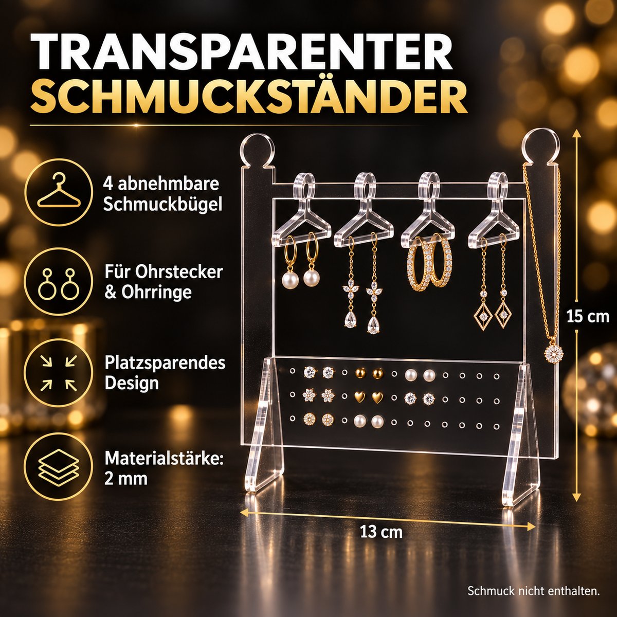 ASERON Schmuckständer Acryl Transparent Ohrringhalter mit 4 abnehmbaren Bügeln