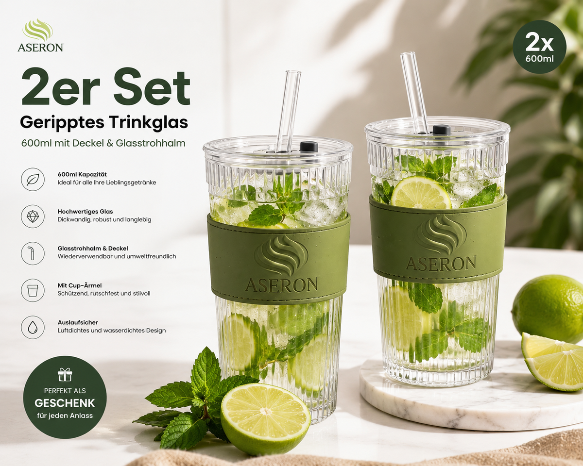 ASERON Geripptes Trinkglas 600ml Set mit Deckel & Glasstrohhalm – Smoothie Eiska
