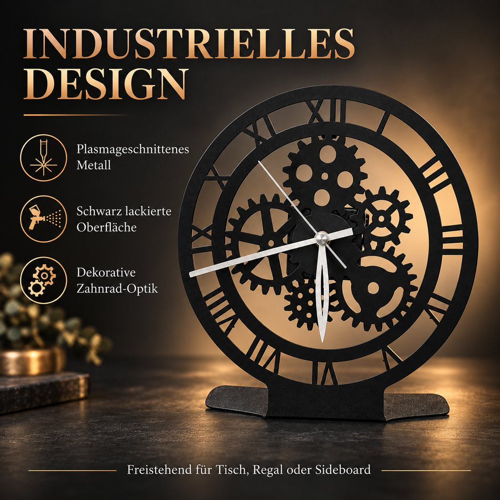 ASERON Metall Tischuhr Schwarz Industrial Zahnrad Römische Zahlen 24 cm