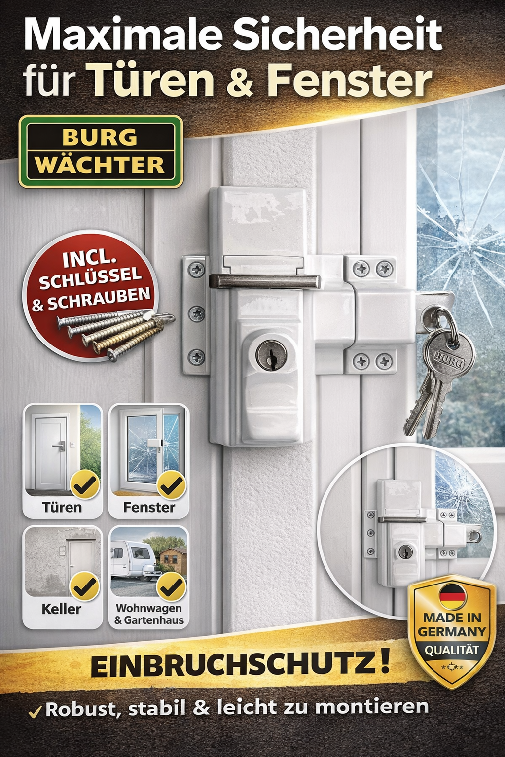 3 x BURG-WÄCHTER RZ 60 W Zusatzschloss Tür Fenster Einbruchschutz Weiß Sicher