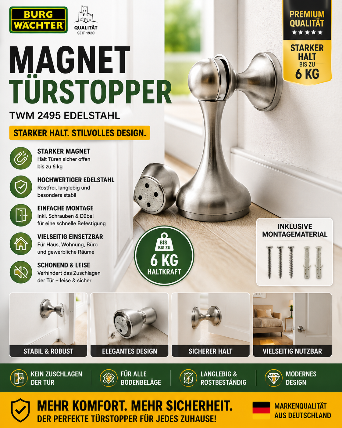 2 x  BURG-WÄCHTER Magnet Türstopper Wand TWM 2495 Edelstahl Türhalter 6kg Halt