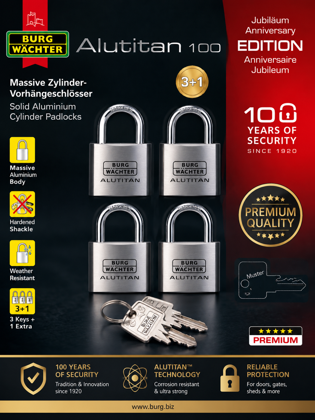 BURG-WÄCHTER Alutitan 100 Schloss Set 4er Gleichschließend Aluminium