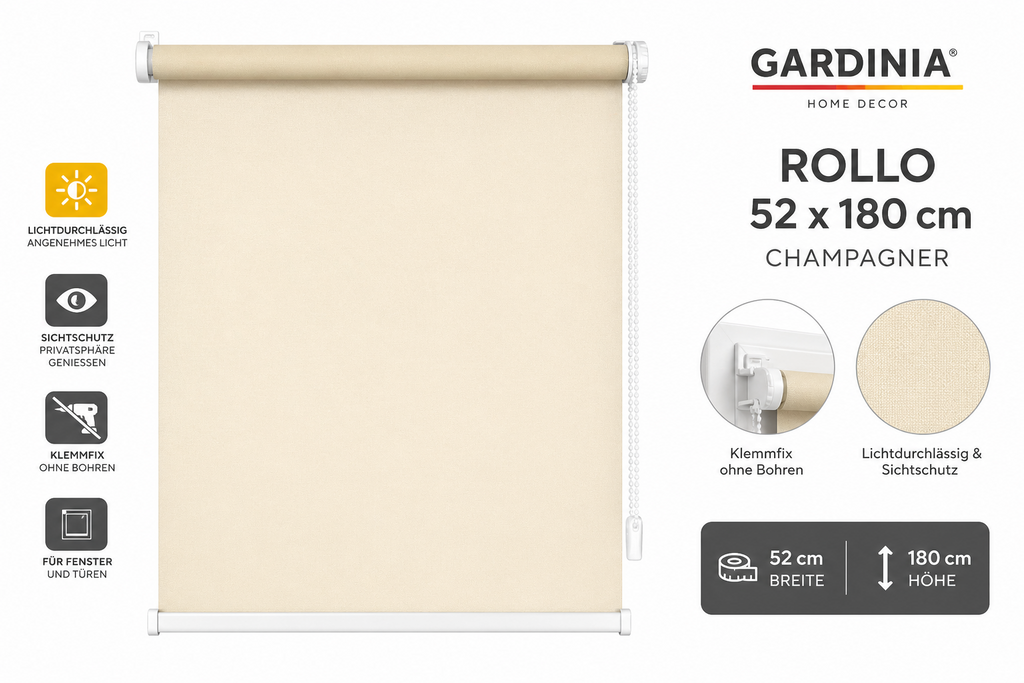 GARDINIA Rollo 52x180cm Champagner Lichtdurchlässig Sichtschutz Klemmfix Neu