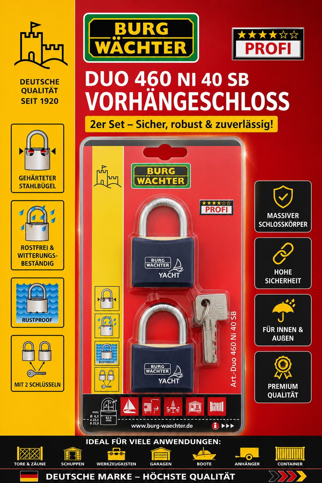 BURG-WÄCHTER Duo 460 Ni 40 SB Vorhängeschloss 2er Set Gleichschließend Rostfrei