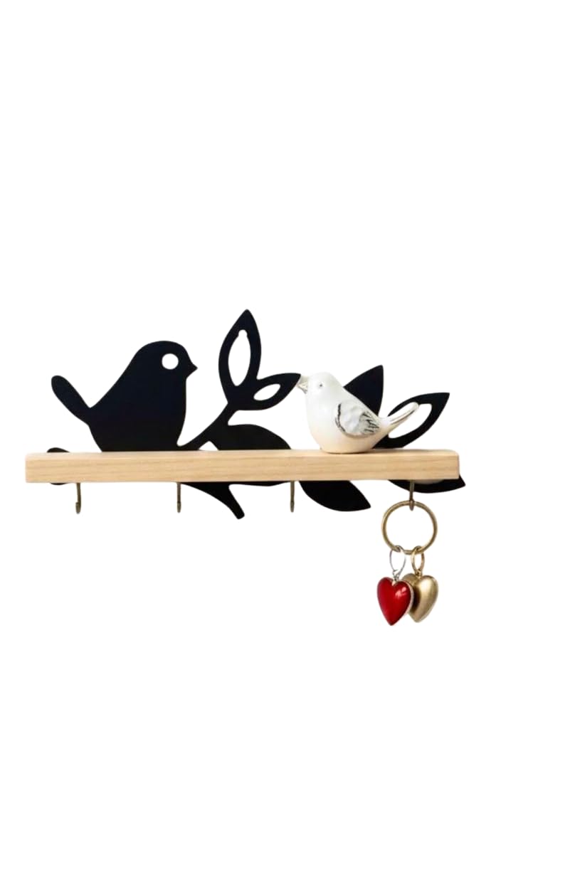 ASERON Schlüsselbrett Holz Wand mit Ablage – Vogel Design Schlüsselhalter Modern, Key Holder für Flur, Eingang & Küche