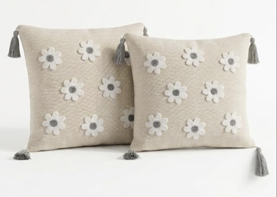 ASERON Kissenbezug 43x43 cm 2er Set – Handgefertigtes Punch Needle Blumenmuster, Boho Stil, Weich & Waschbar, Dekorative Zierkissenhülle, Ohne Füllung