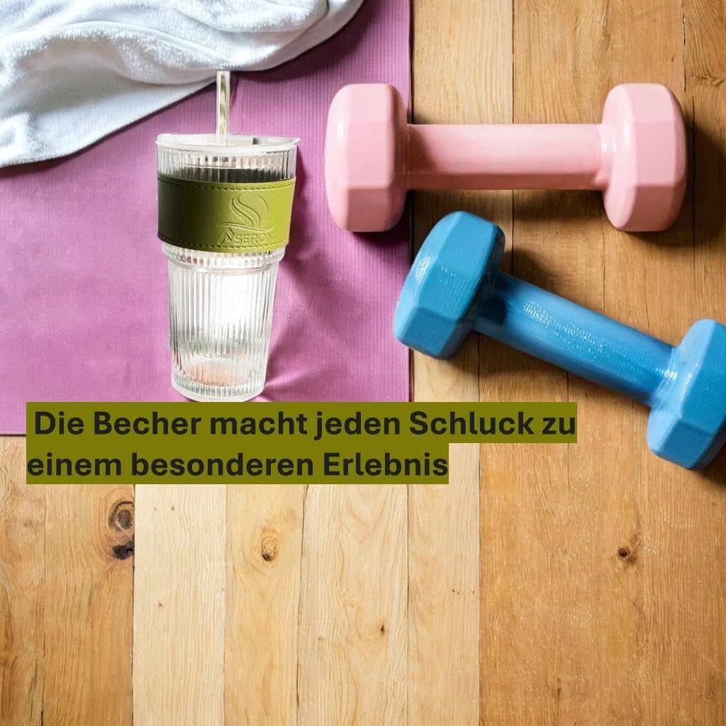 ASERON Geripptes Trinkglas 600ml 4er Set mit Deckel & Glasstrohhalm – Dickwandiger Glasbecher für Smoothies, Eiskaffee & Cocktails