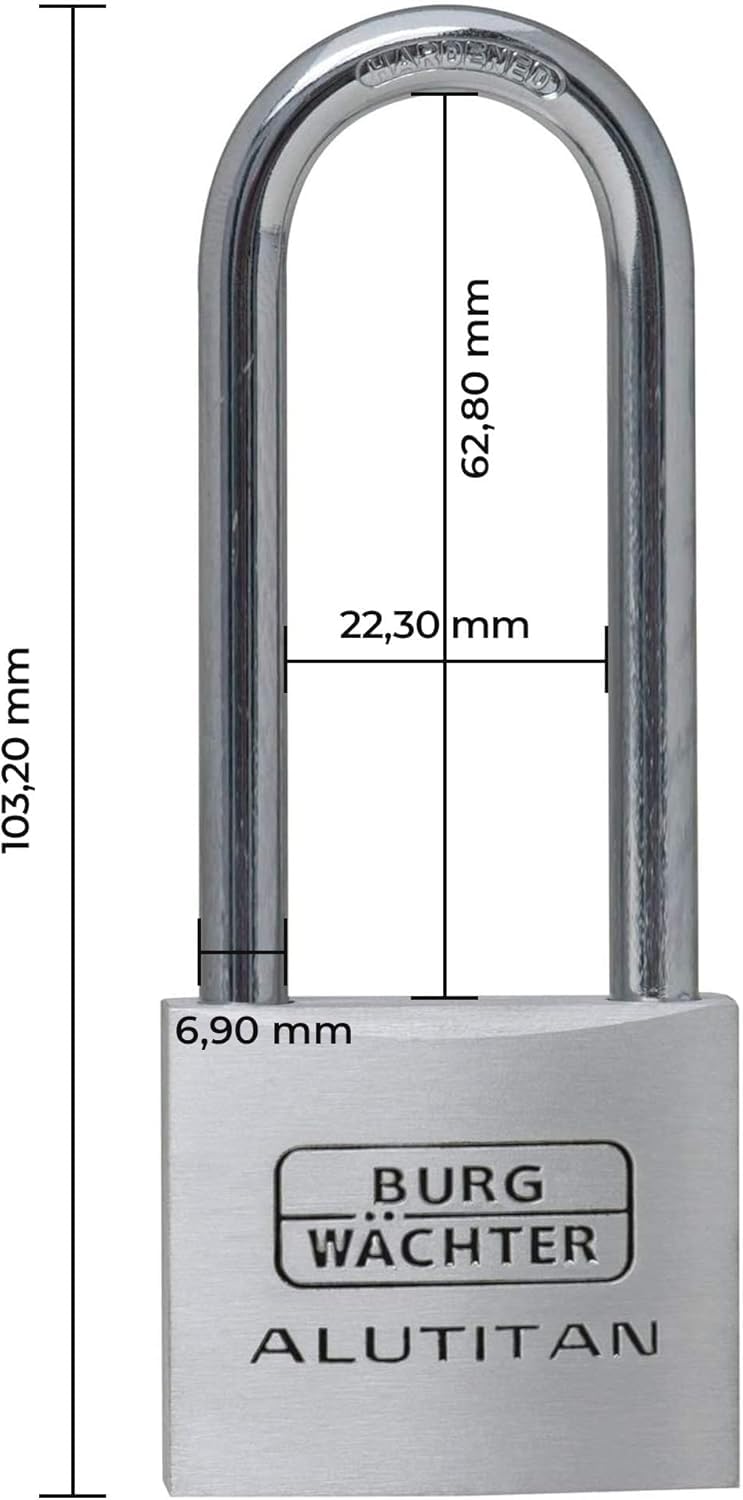 Burg-Wächter Vorhangschloss, Vorhängeschloss mit Schlüssel, 6,9 mm Bügelstärke, massives Aluminiumschloss, Innenwerk rostfrei, Gehärtet, Alutitan 770 HB 40 65 SB