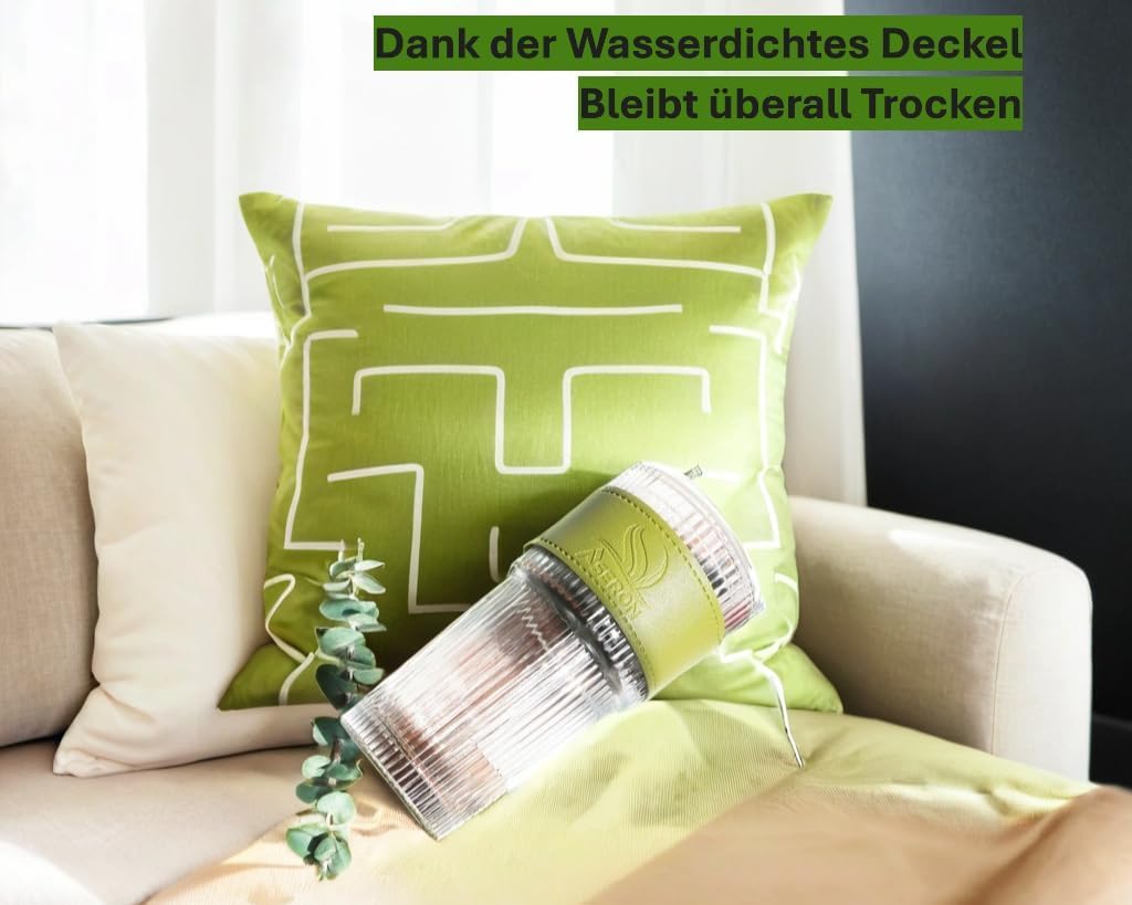 ASERON Geripptes Trinkglas 600ml mit Deckel und Glasstrohhalm – Dickwandiger Glasbecher für Smoothies, Kaffee & Cocktails Grün
