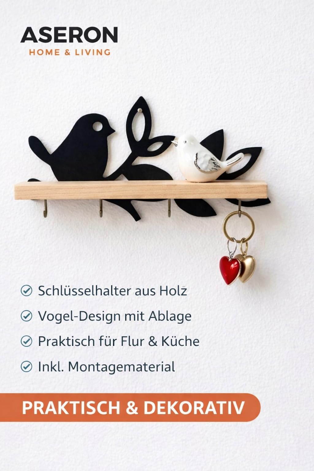 ASERON Schlüsselbrett Holz Wand mit Ablage – Vogel Design Schlüsselhalter Modern, Key Holder für Flur, Eingang & Küche