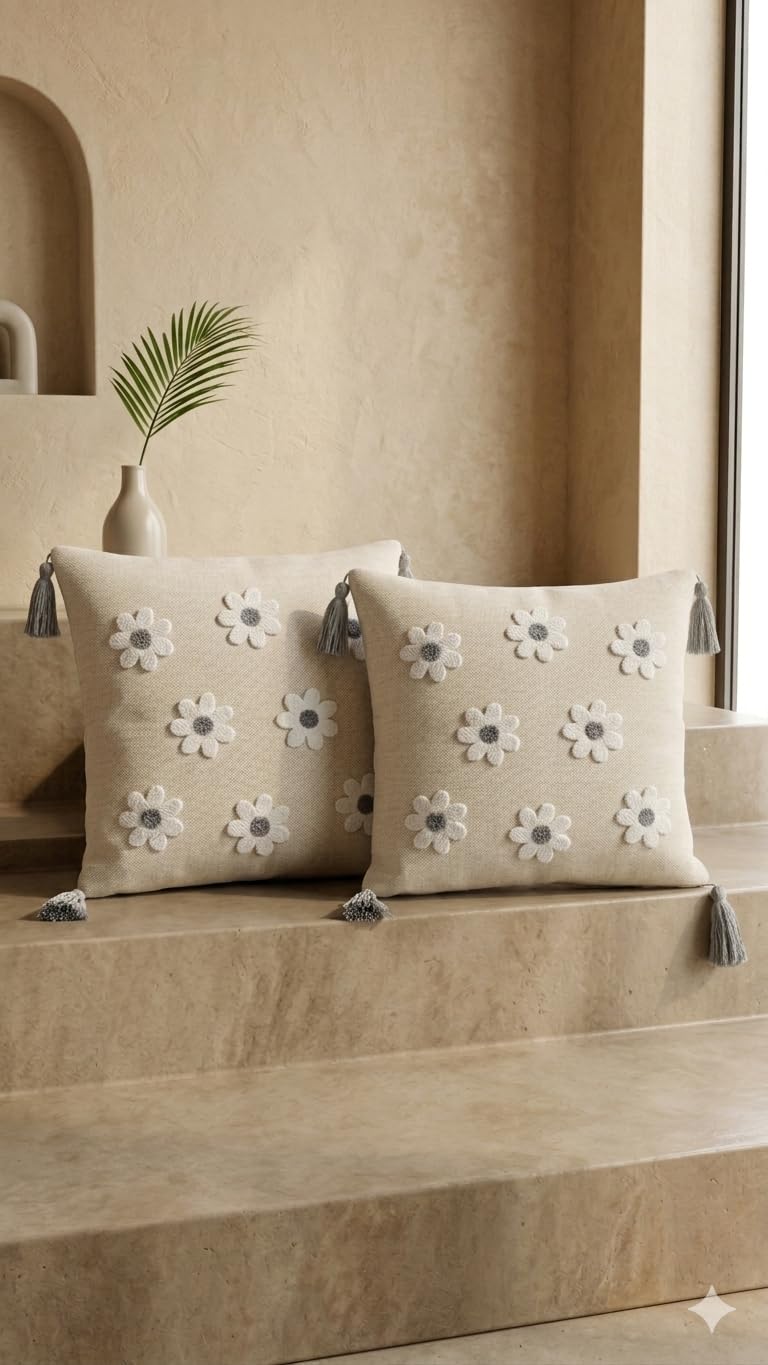 ASERON Kissenbezug 43x43 cm 2er Set – Handgefertigtes Punch Needle Blumenmuster, Boho Stil, Weich & Waschbar, Dekorative Zierkissenhülle, Ohne Füllung