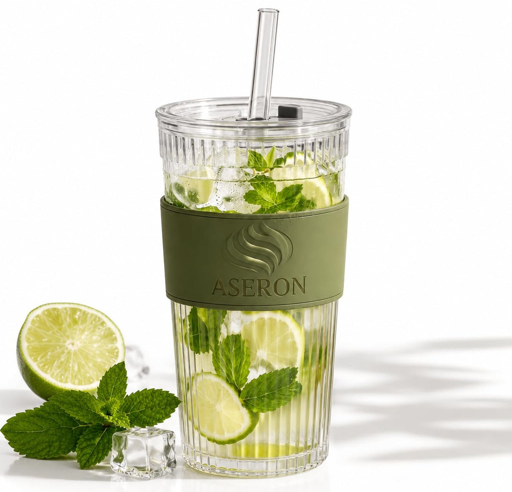 ASERON Geripptes Trinkglas 600ml mit Deckel und Glasstrohhalm – Dickwandiger Glasbecher für Smoothies, Kaffee & Cocktails Grün