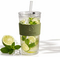 ASERON Geripptes Trinkglas 600ml mit Deckel und Glasstrohhalm – Dickwandiger Glasbecher für Smoothies, Kaffee & Cocktails Grün