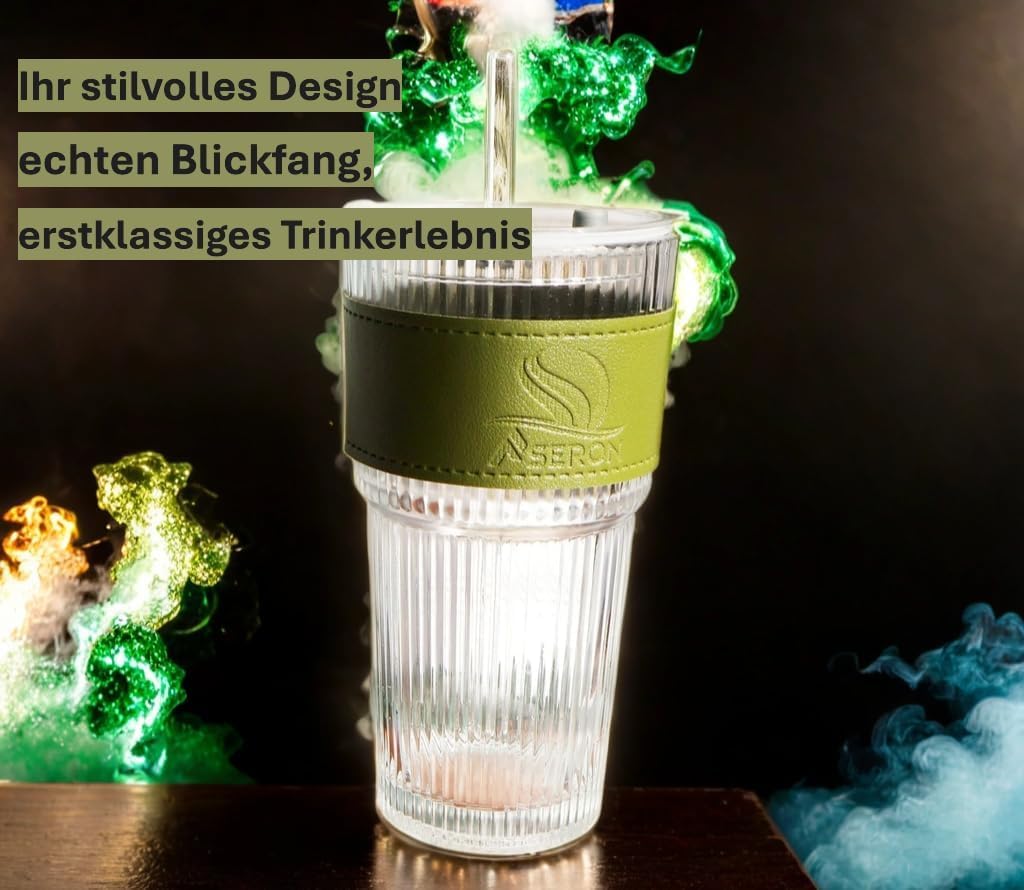 ASERON Geripptes Trinkglas 600ml mit Deckel und Glasstrohhalm – Dickwandiger Glasbecher für Smoothies, Kaffee & Cocktails Grün