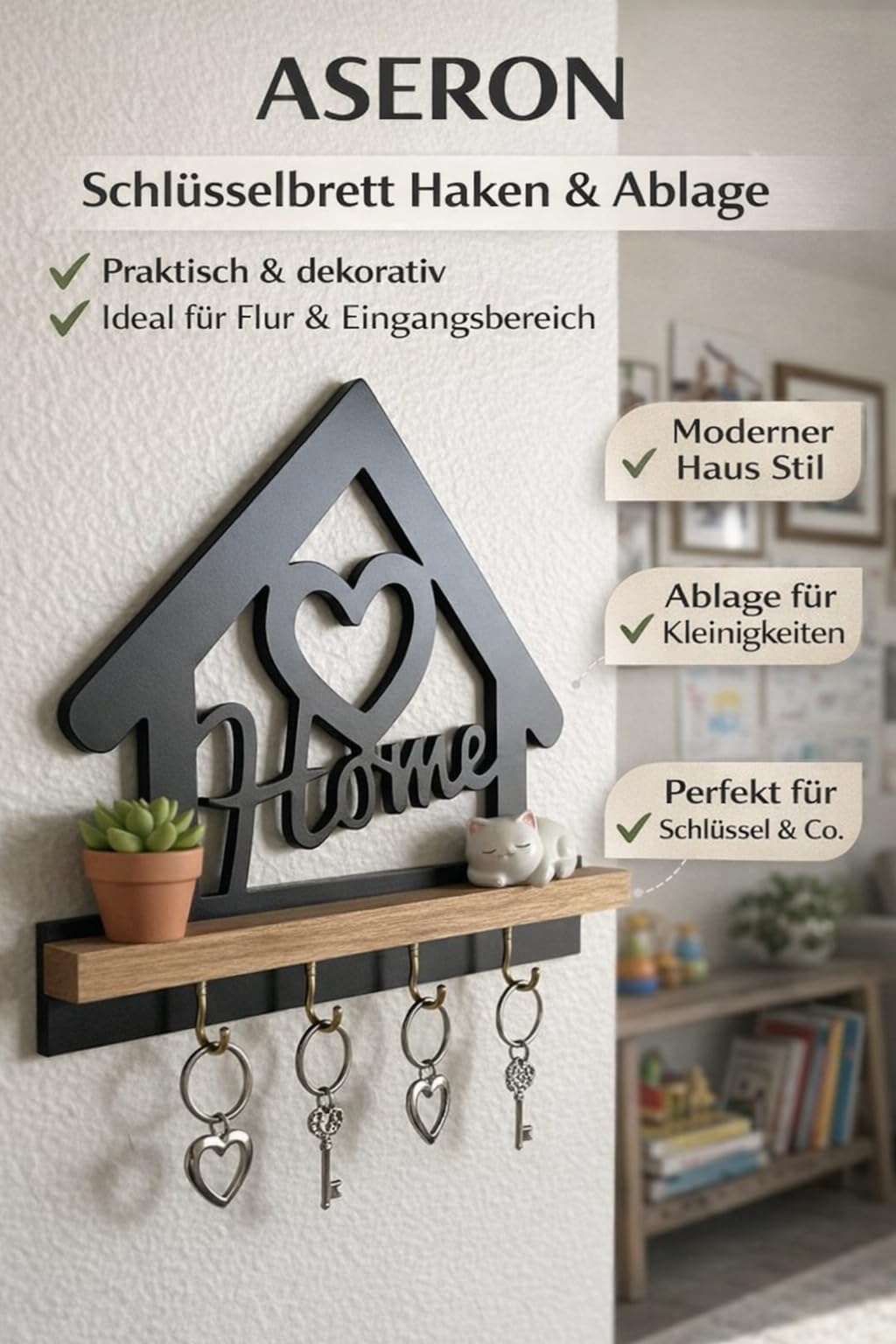 ASERON Schlüsselbrett mit Ablage Wand – Schlüsselhalter Holz Haus Design – Schlüsselboard für Flur, Eingang & Küche