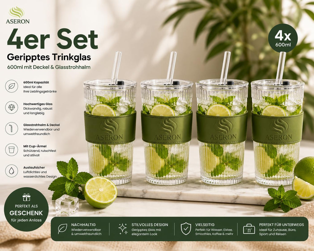 ASERON Geripptes Trinkglas 600ml 4er Set mit Deckel & Glasstrohhalm – Dickwandiger Glasbecher für Smoothies, Eiskaffee & Cocktails