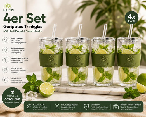 ASERON Geripptes Trinkglas 600ml 4er Set mit Deckel & Glasstrohhalm – Dickwandiger Glasbecher für Smoothies, Eiskaffee & Cocktails