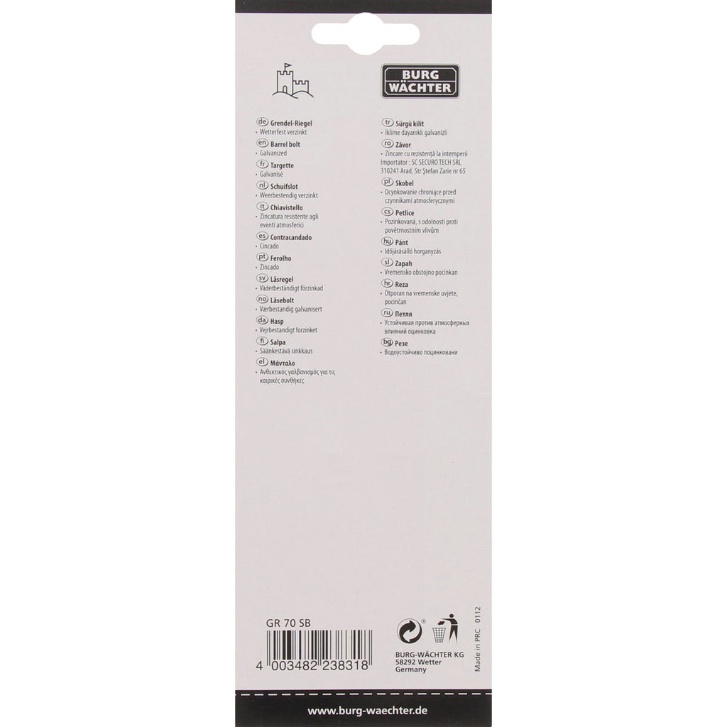Burg-Wächter Grendel-Riegel, Verzinkter Türriegel für flächenbündige Türen, Riegelschloss, Wetterfest, Stahl, GR 70 SB, 63 x 70 mm