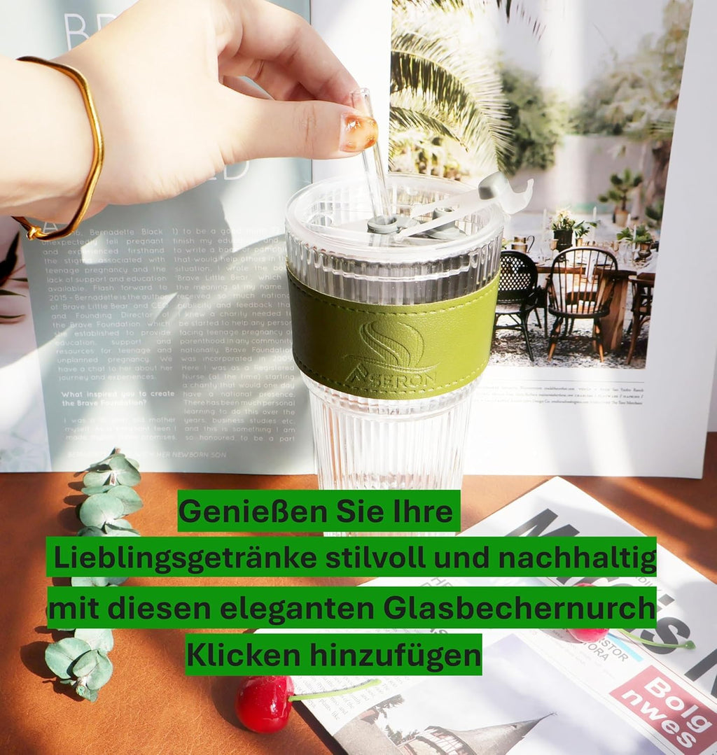 ASERON Geripptes Trinkglas 600ml mit Deckel und Glasstrohhalm – Dickwandiger Glasbecher für Smoothies, Kaffee & Cocktails Grün