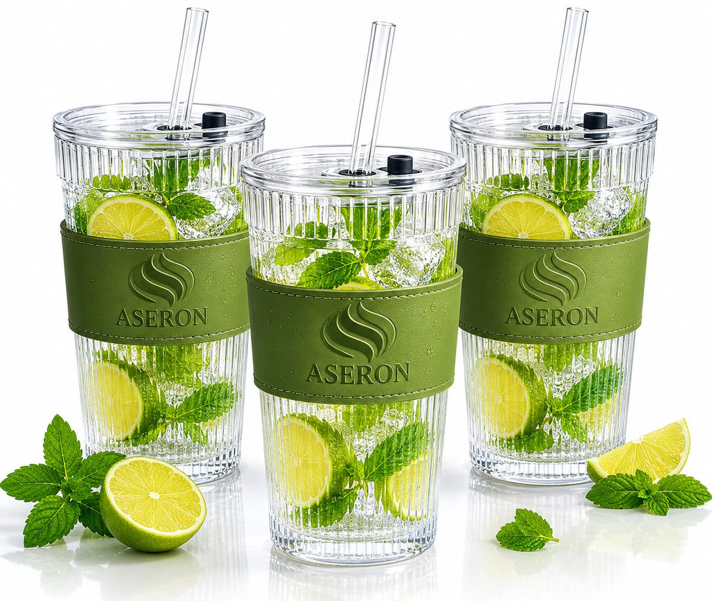ASERON Geripptes Trinkglas 600ml 3er Set mit Deckel & Glasstrohhalm – Dickwandiger Glasbecher für Smoothies, Eiskaffee & Cocktails