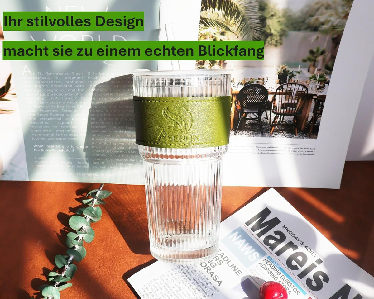 ASERON Geripptes Trinkglas 600ml mit Deckel und Glasstrohhalm – Dickwandiger Glasbecher für Smoothies, Kaffee & Cocktails Grün