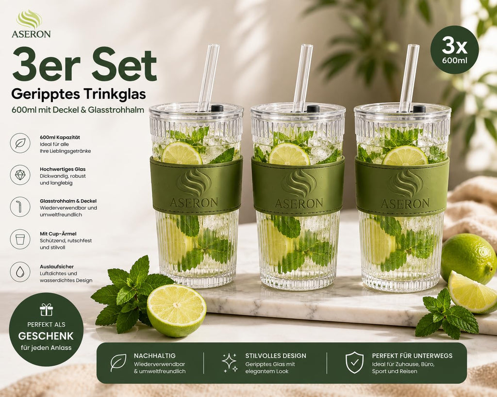 ASERON Geripptes Trinkglas 600ml 3er Set mit Deckel & Glasstrohhalm – Dickwandiger Glasbecher für Smoothies, Eiskaffee & Cocktails