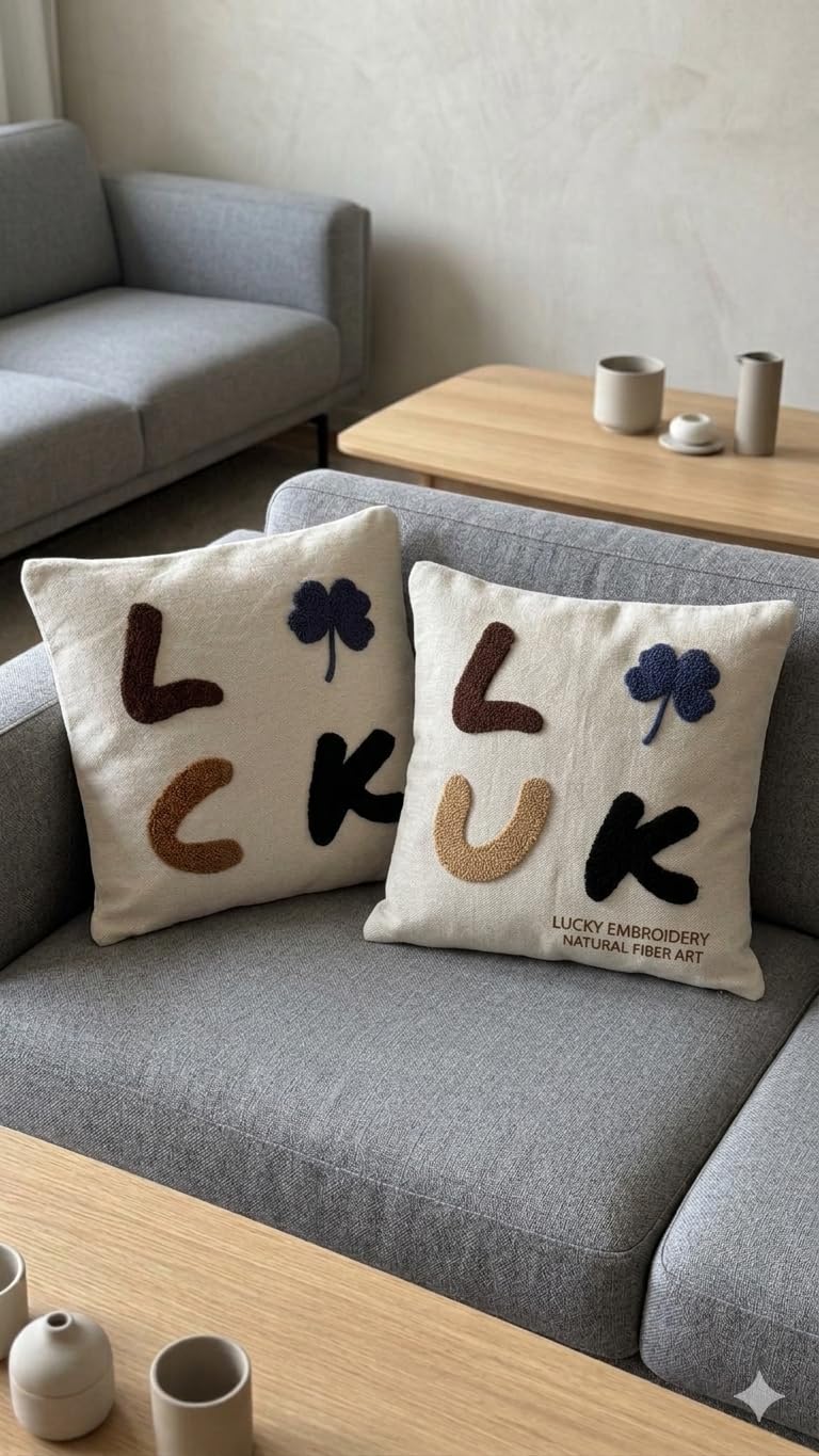 ASERON Kissenbezug 43x43 cm Set – Punch Needle Stickerei Buchstaben & Kleeblatt, Boho Deko, Weich, Waschbar, Sofa Kissenhülle Beige, Ohne Füllung