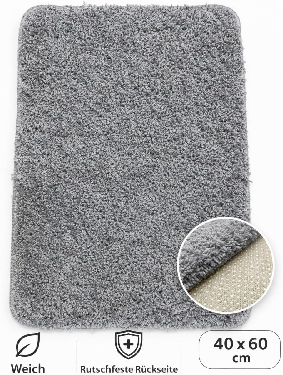 ASERON Badteppich 40x60 cm  Set – Rutschfest, Ultraweich, Waschbar, Saugstark, Schnelltrocknend, Shaggy Badezimmer Teppich Grau
