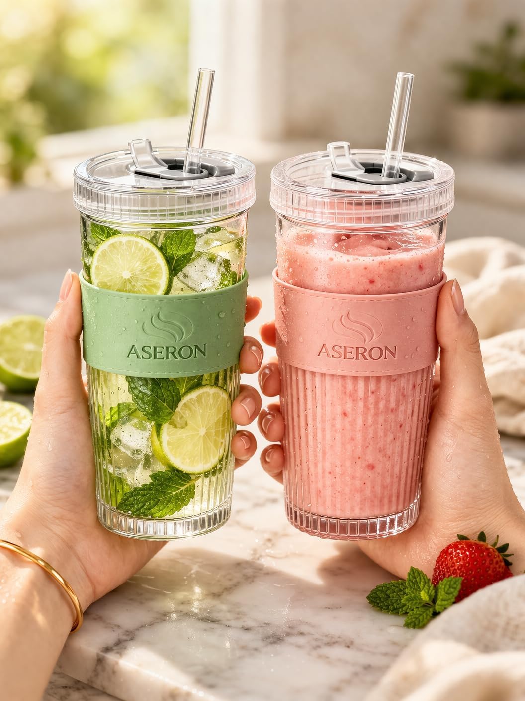 ASERON Geripptes Trinkglas 600ml mit Deckel und Glasstrohhalm – Dickwandiger Glasbecher für Smoothies, Kaffee & Cocktails Grün