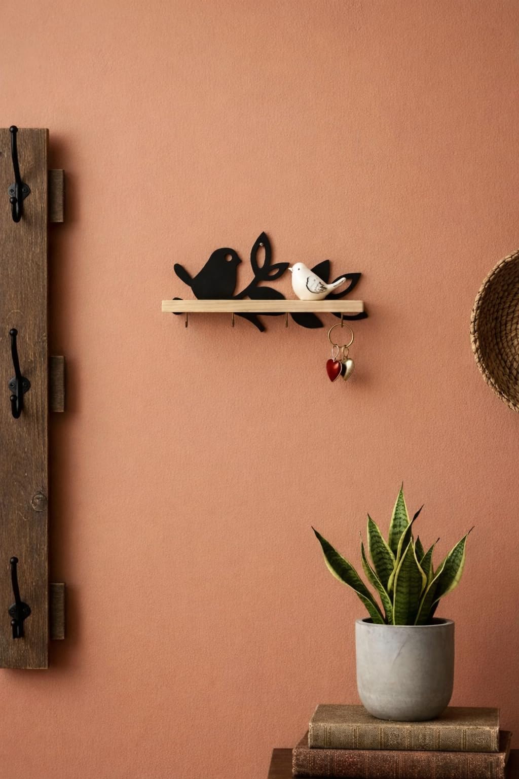 ASERON Schlüsselbrett Holz Wand mit Ablage – Vogel Design Schlüsselhalter Modern, Key Holder für Flur, Eingang & Küche