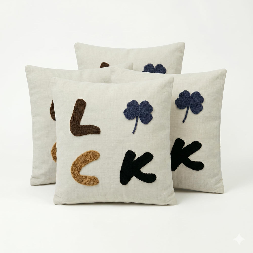 ASERON Kissenbezug 43x43 cm Set – Punch Needle Stickerei Buchstaben & Kleeblatt, Boho Deko, Weich, Waschbar, Sofa Kissenhülle Beige, Ohne Füllung