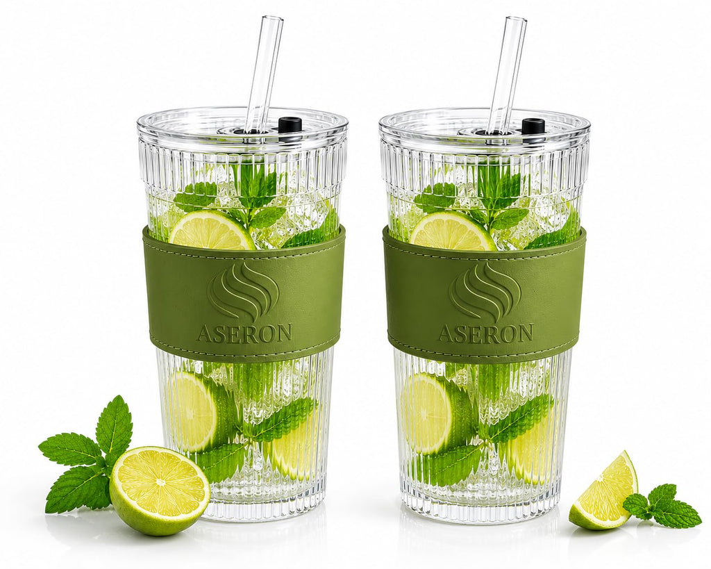 ASERON Geripptes Trinkglas 600ml 2er Set mit Deckel & Glasstrohhalm – Dickwandiger Glasbecher für Smoothies, Eiskaffee & Cocktails
