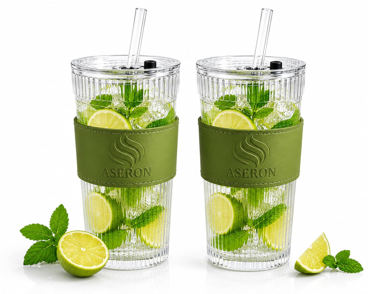 ASERON Geripptes Trinkglas 600ml 2er Set mit Deckel & Glasstrohhalm – Dickwandiger Glasbecher für Smoothies, Eiskaffee & Cocktails
