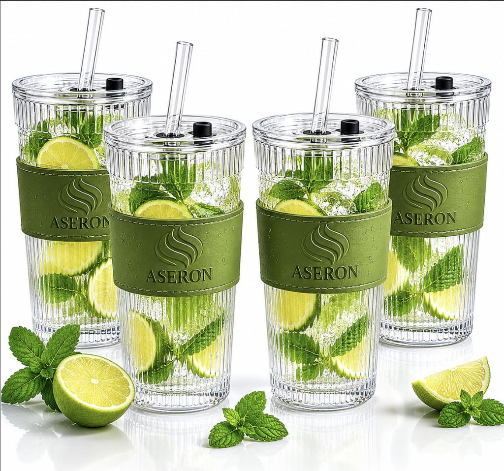 ASERON Geripptes Trinkglas 600ml 4er Set mit Deckel & Glasstrohhalm – Dickwandiger Glasbecher für Smoothies, Eiskaffee & Cocktails