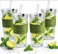 ASERON Geripptes Trinkglas 600ml 4er Set mit Deckel & Glasstrohhalm – Dickwandiger Glasbecher für Smoothies, Eiskaffee & Cocktails