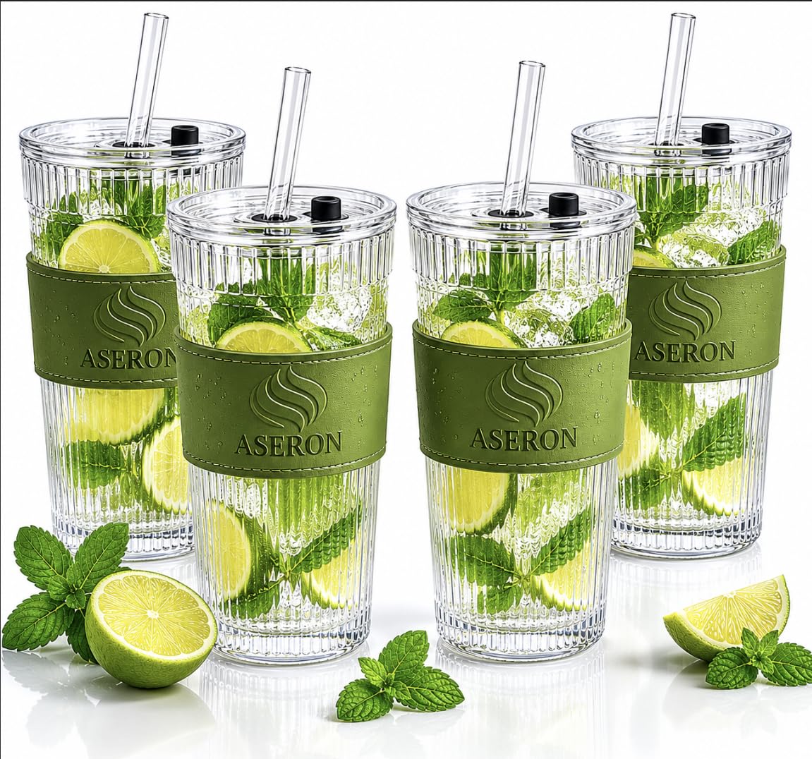 ASERON Geripptes Trinkglas 600ml 4er Set mit Deckel & Glasstrohhalm – Dickwandiger Glasbecher für Smoothies, Eiskaffee & Cocktails