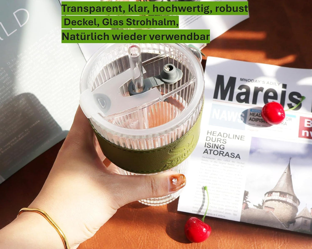 ASERON Geripptes Trinkglas 600ml mit Deckel und Glasstrohhalm – Dickwandiger Glasbecher für Smoothies, Kaffee & Cocktails Grün