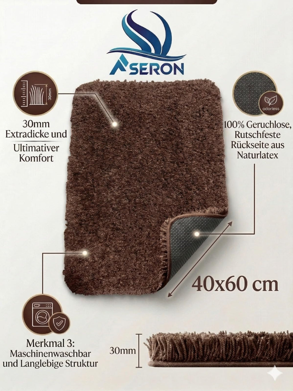 Badteppich 40x60 cm Shaggy – Rutschfest, Ultraweich, Waschbar, Saugstark, Moderner Badezimmer Teppich