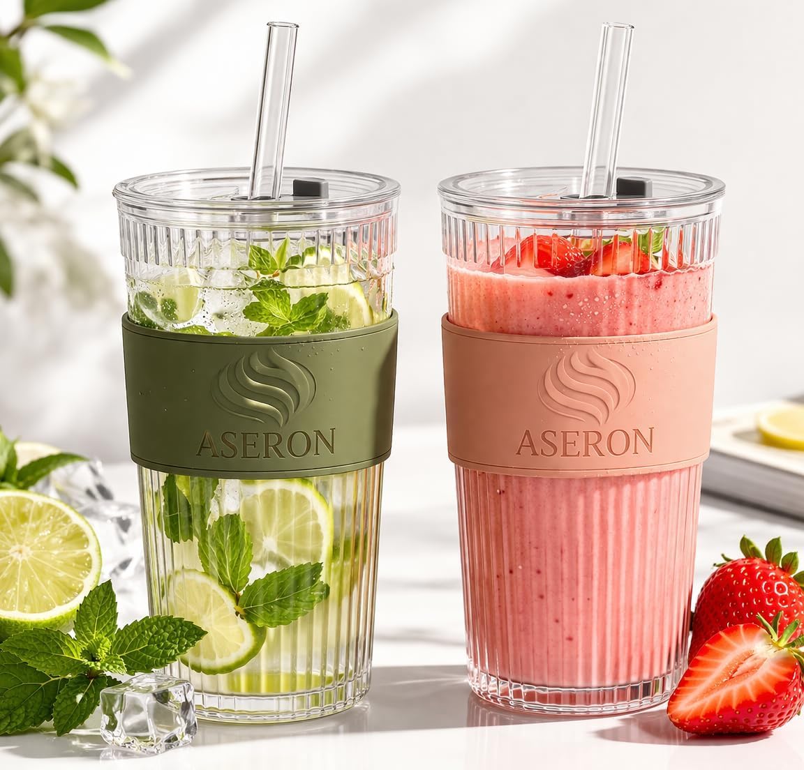 ASERON Geripptes Trinkglas 600ml 2er Set mit Deckel & Glasstrohhalm – Dickwandiger Glasbecher für Smoothies, Eiskaffee & Cocktails
