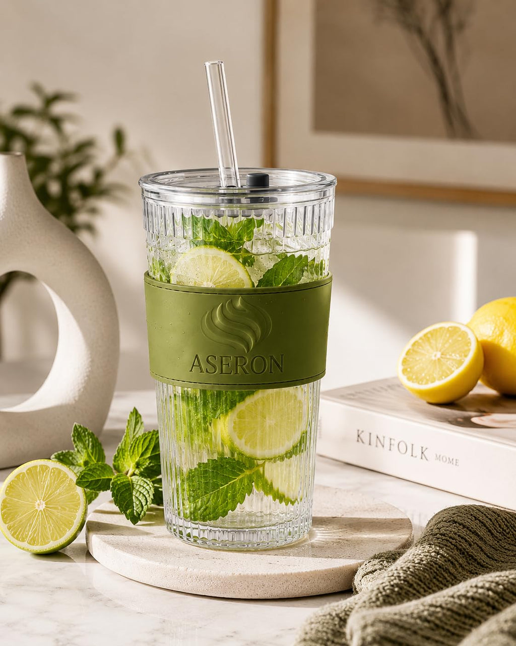 ASERON Geripptes Trinkglas 600ml 2er Set mit Deckel & Glasstrohhalm – Dickwandiger Glasbecher für Smoothies, Eiskaffee & Cocktails