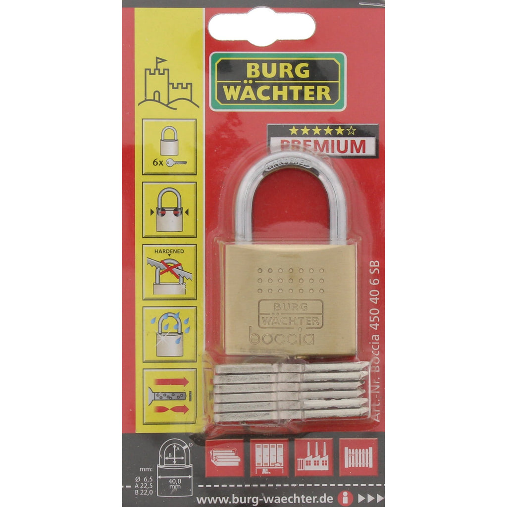 Burg-Wächter Vorhängeschloss, 6,5 mm Bügelstärke, Kneifschutz, 6 Schlüssel, Boccia 450 40 6 SB