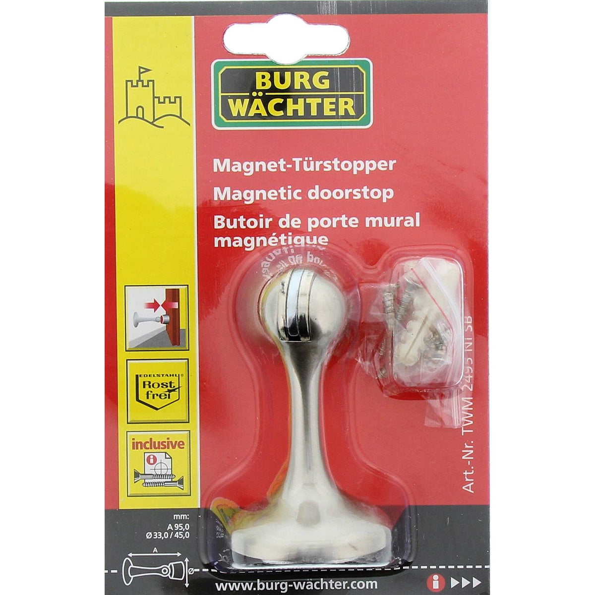 Burg-Wächter, Magnet-Türstopper für Wandmontage, Inkl. Befestigungsmaterial, Haltekraft: ca. 6 kg, TWM 2495 Ni SB, Edelstahl-Optik