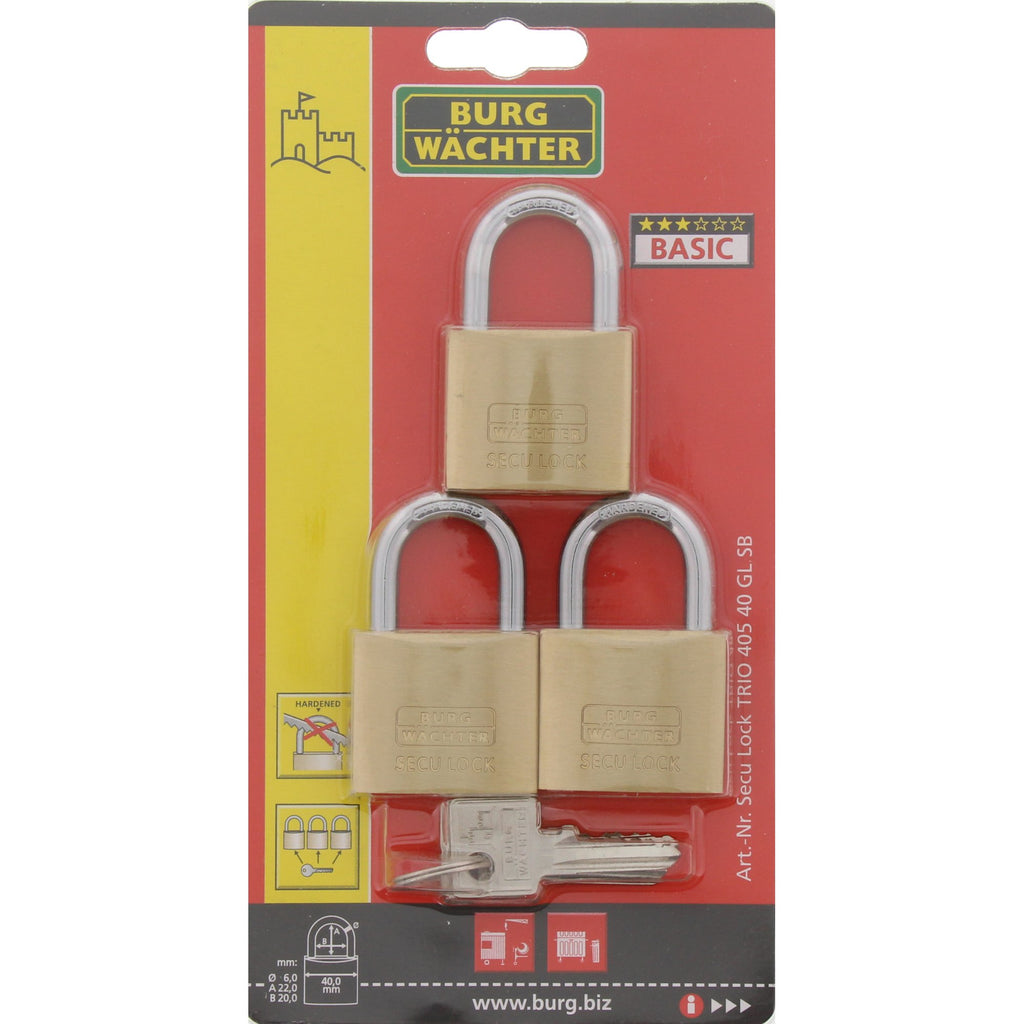 Burg Wächter Zylinder-Vorhangschloss, 3er-Set, 6 mm Bügelstärke, TRIO 405 40 GL SB, Messing