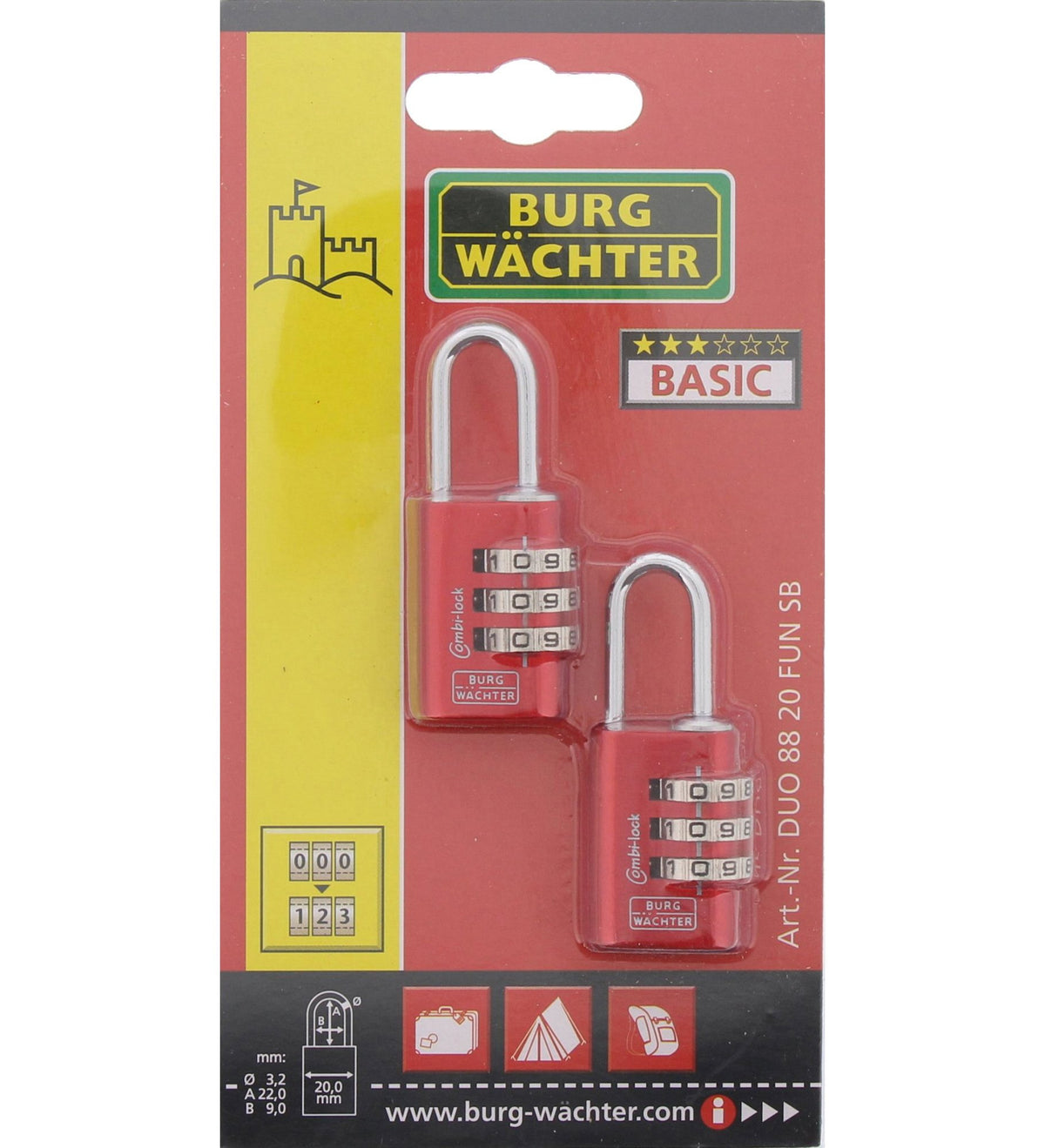 Burg Wächter Verstellbares Zahlenschloss-Set, Combi Lock Duo 88 20 Fun SB, Bügelstärke: 3,2 mm Sortiert