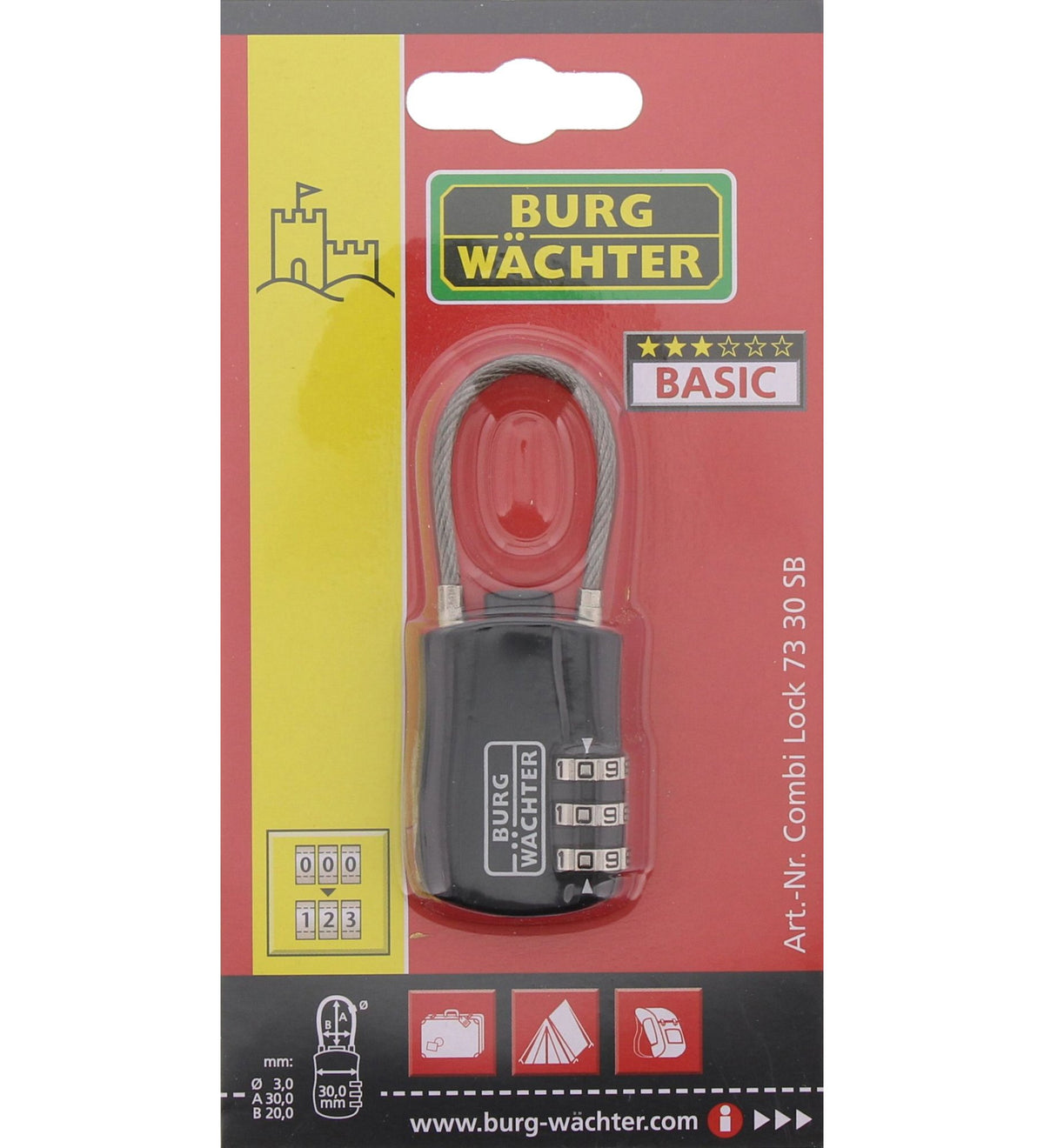 Burg-Wächter Verstellbares Zahlenschloss, 3 mm Bügelstärke, 3 Zahlenrollen, Combi 73 30 SB