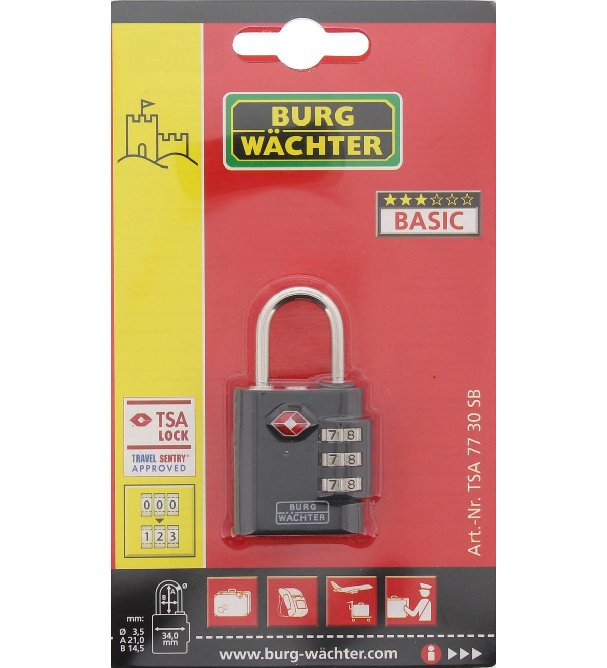 Burg Wächter Verstellbares TSA Sicherheits-Zahlenschloss, 3,5 mm Bügelstärke, 3 Zahlenrollen, TSA 77 30 SB