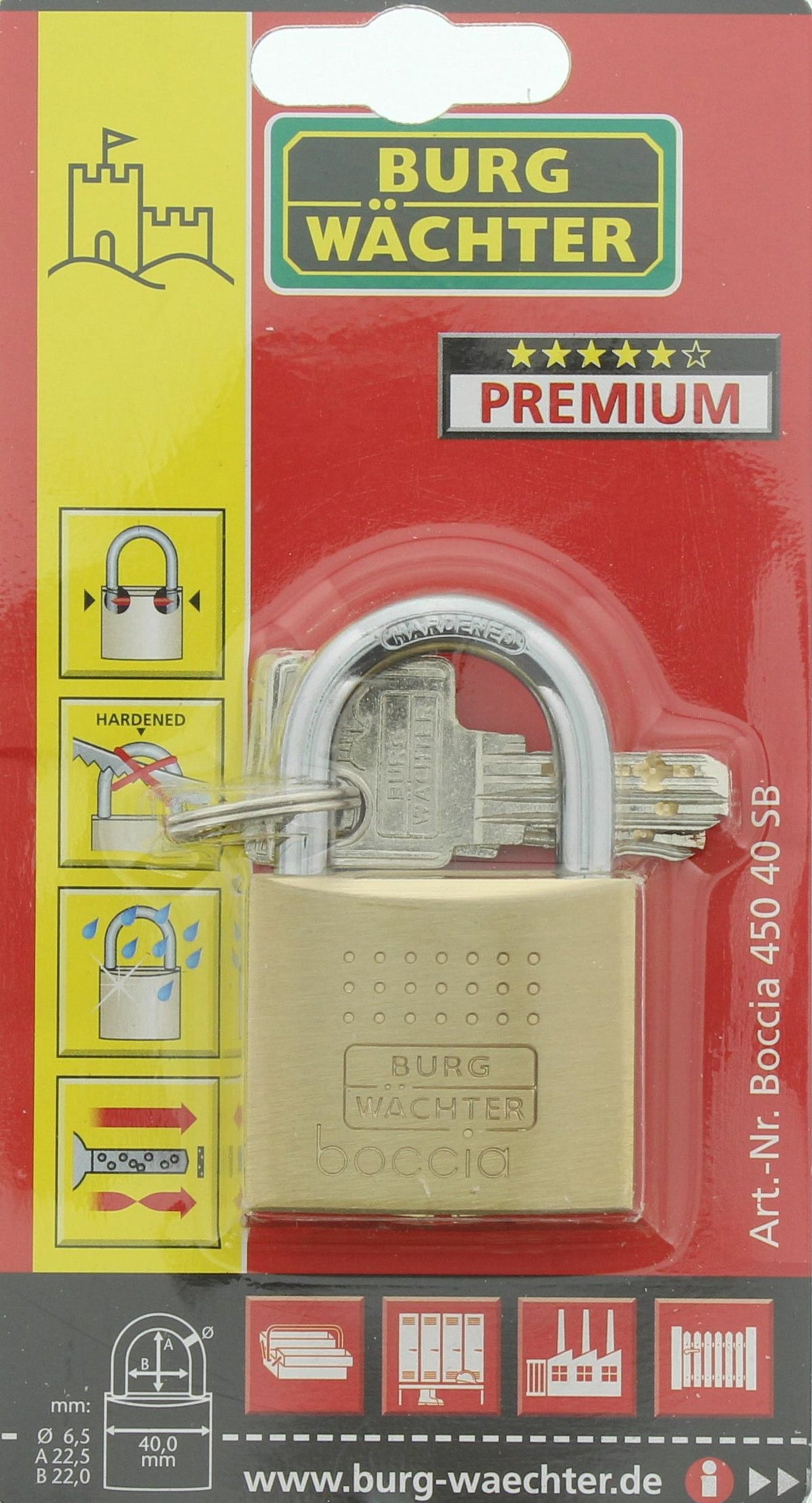 Burg-Wächter Vorhängeschloss, 6,5 mm Bügelstärke, Bohr-und Kneifschutz, 2 Schlüssel, Boccia 450 40 SB