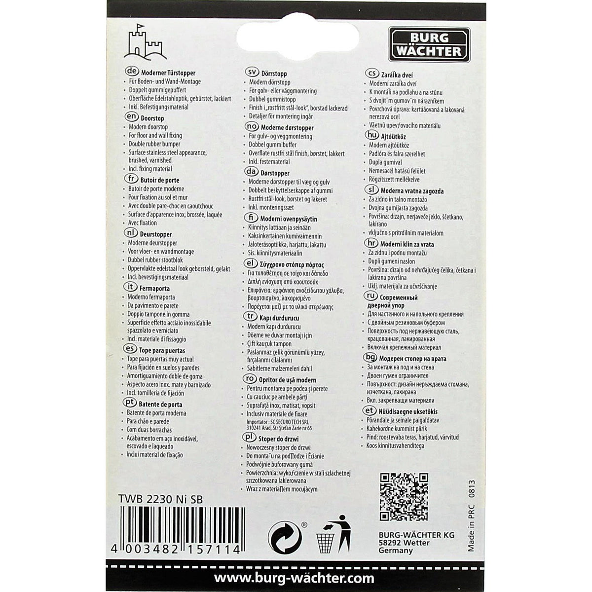 Burg-Wächter Wand- und Boden-Türstopper, Inkl. Befestigungsmaterial, TWB 2230 Ni SB, Edelstahl-Optik